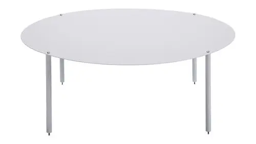 Weiße, runde Tischplatte aus Glas mit metallenen Füßen. Das klare Design eignet sich gut für moderne Einrichtungen. Hersteller: Vaillant.